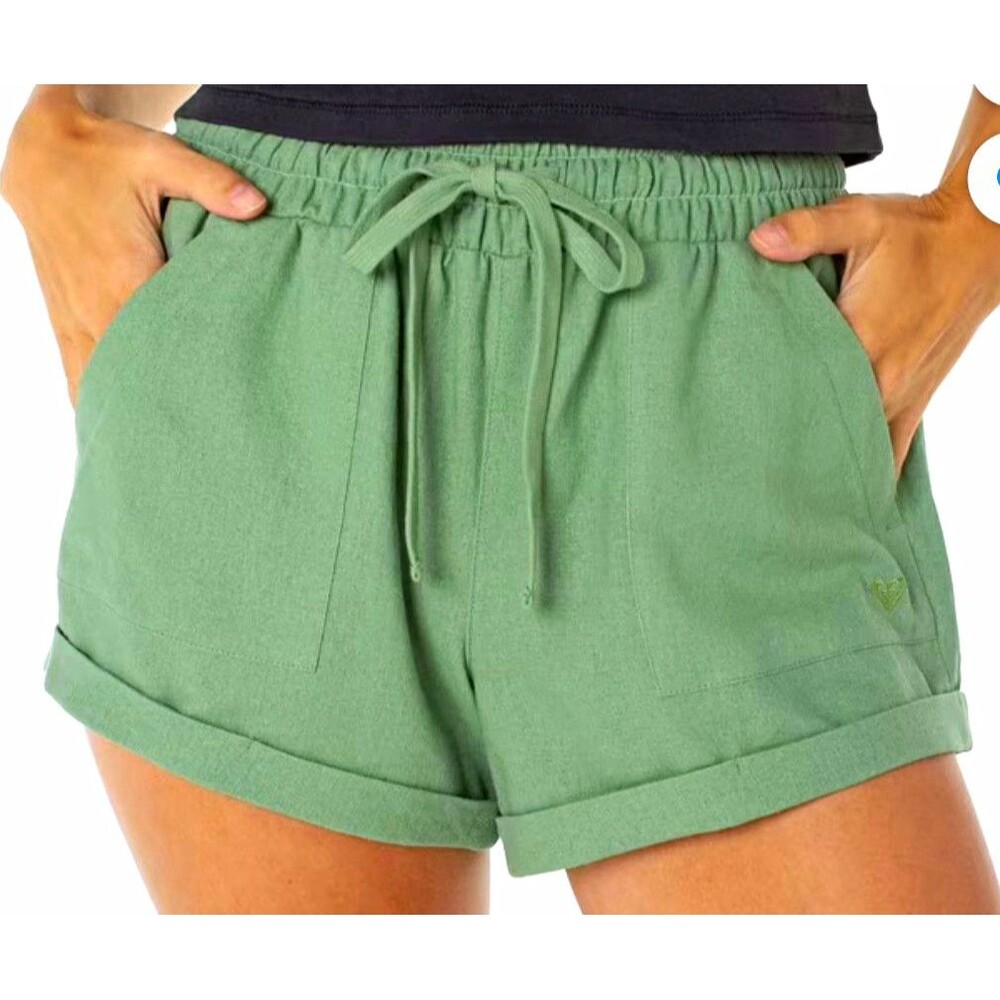 ROXY Women's Green Solid Pull-On Shorts Elastic Waist Drawstring Cotton Size S
